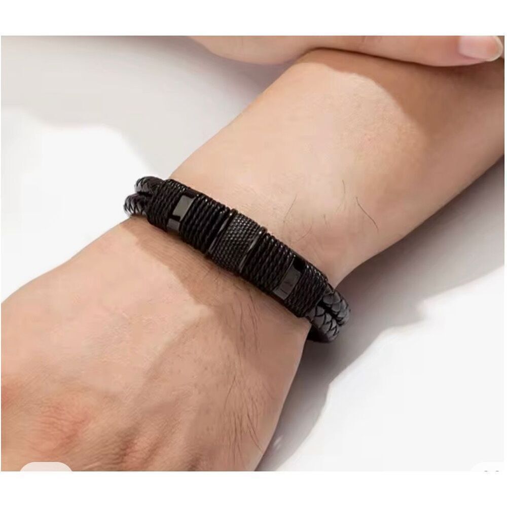 Vintage Woven Leather Rope Wrap Bracelets For Men Classic Stainless Steel Bangle